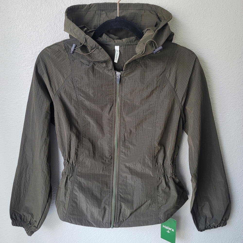 Halara Water Repellent Hooded Nylon Long Sleeve Jacket XSmall In Deep Sage NWT